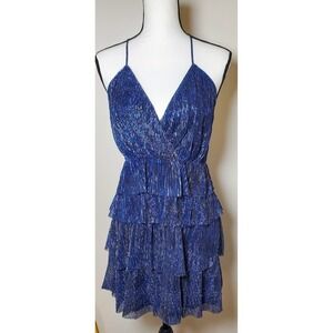 Lulus Blue Silver Metallic Party Mini Dress V Neck Ruffle  Spaghetti Strap large